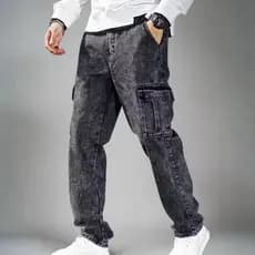 Calça Cargo Jeans Largo Mescla Cinza  Masculino Lavagem Estonada 6 Bolsos