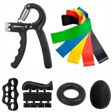 Kit Treino c/ Hand Grip Ajustável, 4 peças p/ exercícios de força e 5 Faixas Elásticas Mini Bands