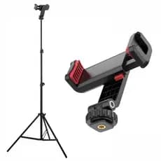 Kit Filmagem Pro Tripé 2,10m + Suporte Celular ST-06S Rotativo 360° com Sapata para Microfone/Led