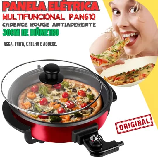 PANELA ELÉTRICA CADENCE MULTIFUNCIONAL 30CM ANTIADERENTE C/ TAMPA DE VIDRO TEMPERADO – 1.250W.