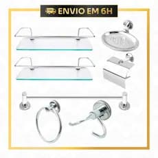 Porta Shampoo e Kit Banheiro Inox Cromado 7 Peças com 2 Porta Shampoo de Vidro + Toalheiros, Papeleira e Cabides