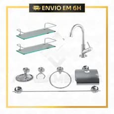 Kit Acessório Para Banheiro Aço Inox + 2 Porta Shampoo Vidro Retangular + Torneira Lavátoria ABS