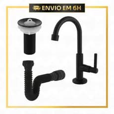 Torneira Preta Banheiro ABS com Válvula 7/8 e Sifão Universal