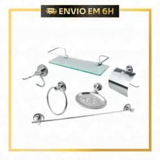 Kit Acessórios Banheiro 6 Peças Inox | Porta Shampoo Vidro, Toalheiro, Porta Papel e Ganchos