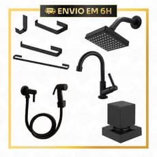 Kit Acessórios Banheiro Preto Luxo Torneira Chuveiro Quadrado
