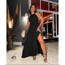 vestido longo com amarraçao nas costas Elastico na cintura no tecido viscosarja  jeniffer