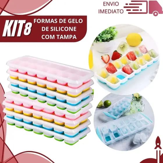 Kit 8 Forma de Gelo de Silicone com Tampa e Fundo Flexível – Kit Empilhavel Premium para Cozinha