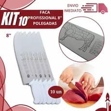 Kit 10 Faca Inox Cabo Branco 8" Polegadas Para Cortar Carne de Churrasco de Açougue e Restaurante