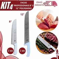 Jogo 4 Faca Inox Cabo Branco 12" E 8" Pol Para Corte De Carnes De Açougueiro Restaurante Churrasco
