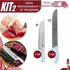 Combo Faca Inox Cabo Branco 12" e 8" Pol Para Corte De Carnes De Açougueiro Restaurante Churrasco