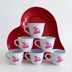 Kit Presente Te Amo 6 Xícaras + 1 Prato Grande de Coração Refeição
