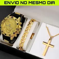 Kit Relogio Masculino Original Banhado a Ouro + Cordão Luxo + Pulseira Premium