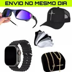 Kit Masculino Óculos Lupa + Boné Fé Preto + Par de Meia + Corrente Banhado a Ouro + Relógio Premium