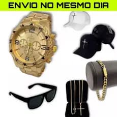 Kit Masculino Relogio aço Dourado + Boné Fé + Oculos + Pulseira + Corrente Cruz Banhado a Ouro