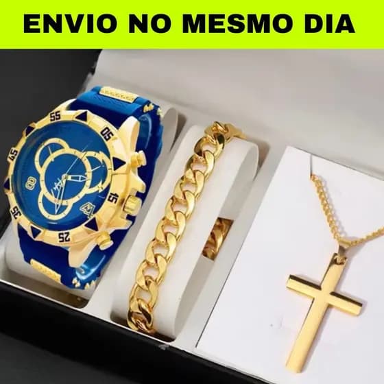 Kit Relogio Masculino Banhado Original + Colar com Cruz + Pulseira Premium Presente Pai