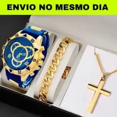 Kit Relogio Masculino Banhado Original + Colar com Cruz + Pulseira Premium Presente Pai