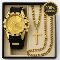 Kit Relogio Masculino Banhado a Ouro Original + Pingente + Colar com Cruz + Pulseira Premium