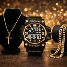 Kit Relogio Masculino Digital Luxo Cronômetro Led Original + Corrente Cruz + Pulseira Banhada a Ouro