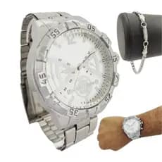 Relógio de Aço Prata Masculino + Pulseira Prata (Aço Inox) Envio Imediato promoçao ano novo 2025
