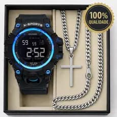 Relógio Esportivo A Prova d'Água C Shok + Corrente Banhada a Prata Ouro + Pulseira Premium Promoção