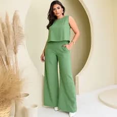 Conjunto Social Feminino em Linho – Blusa e Calça Alfaiataria Elegante