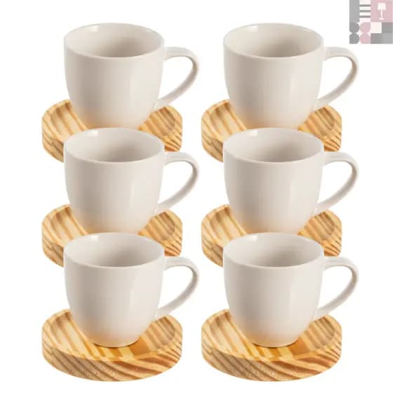 Jogo de Xícaras em Porcelana Café Expresso - 12 Peças Pires em Madeira (6 xícaras 80 ML + 6 pires)