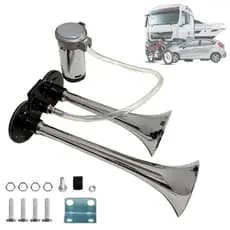 Buzina Duas Cornetas Cromada Caminhão Com Compressor 12V