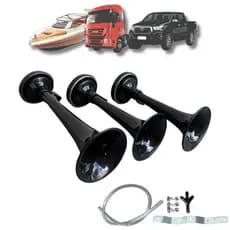 Buzina Ar 3 Cornetas Para Caminhão Carro Verdureiro Preta Automotiva Universal