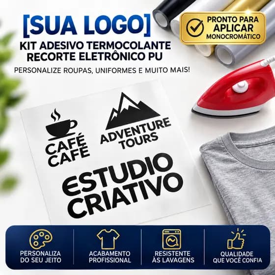 [SUA LOGO] Adesivo Termocolante Personalizado p/ Uniformes Avental Brindes | Recorte Eletrônico Filme PU