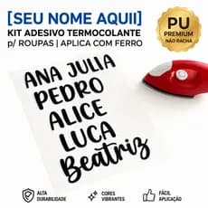 [SEU NOME AQUI] Adesivo Termocolante Personalizado p/ Roupas e Uniformes | Aplica com Ferro | Filme PU Premium