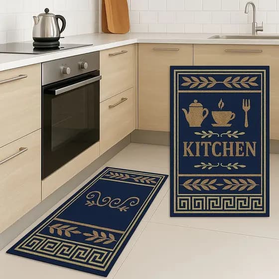 Kit 2 Tapetes Passadeiras de Cozinha Antiderrapante 60x35cm Azul Marinho com Glitter