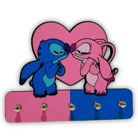 Porta Chaves Decorativo Angel e Stitch Coração para Apaixonados Pelo Lar