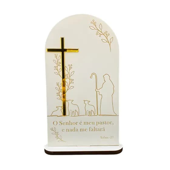 Crucifixo Bíblico De Mesa MDF Branco Acrílico Espelhado Dourado Decoração Religiosa Cristã Fé