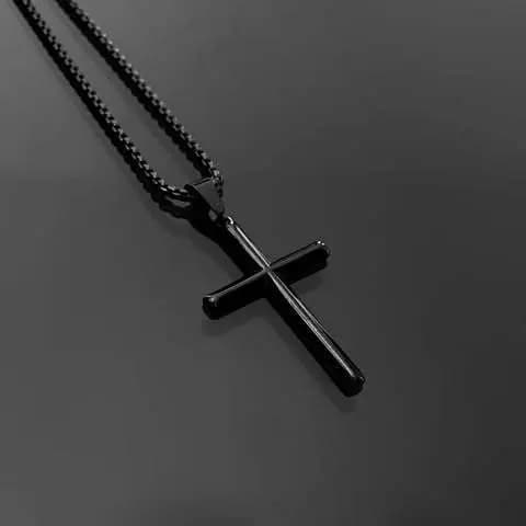 Colar Preto Aço Inoxidável 316L/ Colar Masculino cruz/ Cordão Aço Inoxidável