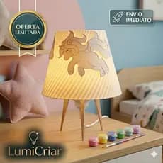 Abajur Infantil LumiCriar Unicórnio para Pintar + Kit Criativo 6 Cores | Luminária Decorativa LED
