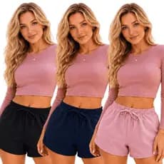 Kit 3 Short Feminino Tactel Soltinho Academia Praia Verão