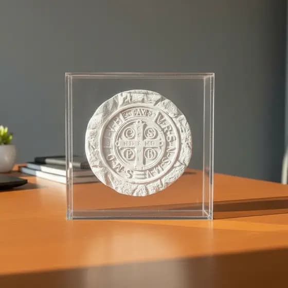 Moldura Caixa Acrílico Decoração Quadro Transparente com Medalha de São Bento Gesso