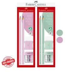 Kit Lápis Grafite Rosa ou Verde-Água Pastel EcoLápis 2B+ Apontador + Borracha Faber-Castell ORIGINAL