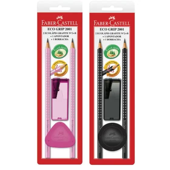 Lápis Preto Nº2 Triangular Faber Castell Grip 2001 Rosa ou Preto com 2 Lápis + Apontador + Borracha - ORIGINAL