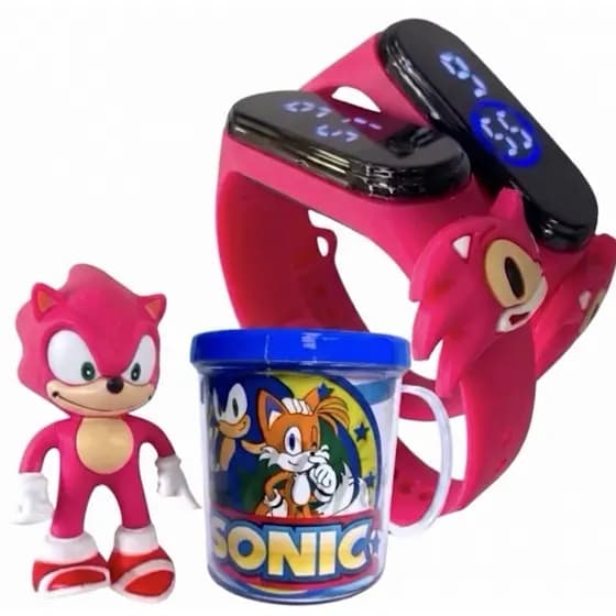 Kit Infantil Sonic rosa the Hedgehog Completo: Relógio Digital + Copo + Boneco | Presente Perfeito para Crianças