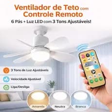 Ventilador de Teto LED com Controle Remoto 6 Pás | 3 Tons de Luz | Velocidades Ajustáveis | Silencioso
