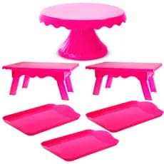 Kit Festa Decorativo - 1 Boleira Cake Renda 19cm , 2 Mesinhas e 3 Bandejas 20x13