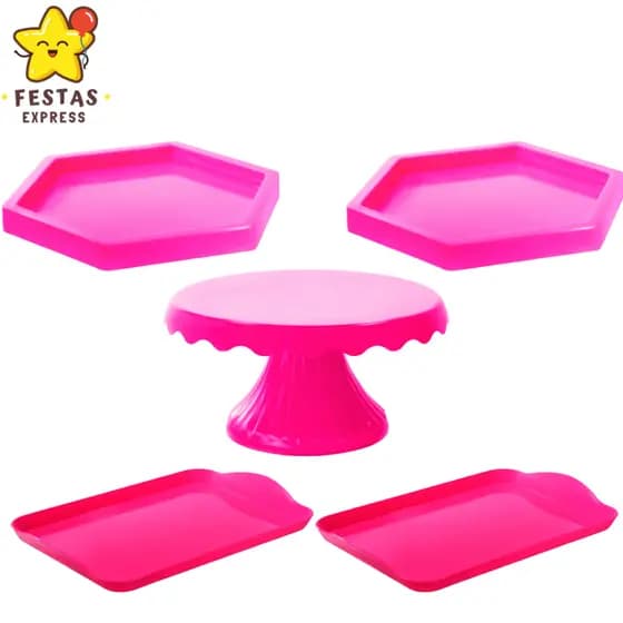 Kit Mesa de Festa Cake 1 Boleira Cake Renda 19cm , 2 Bandeja 20x13 e 2 Sextavadinha