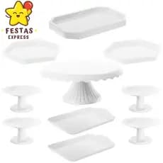 Kit Mesa De Festa - 1 Boleira Cake Renda 19cm , 2 Bandeja 20x13 , 4 Mini Cakes , 2 Mini Sextavada e 1 Mini Lapidada