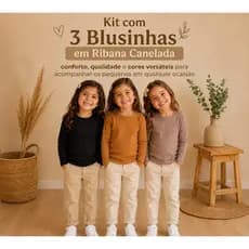 KIT 03 BLUSINHAS INFANTIL MANGA LONGA RIBANA CANELADA PREMIUM 04 AO 10