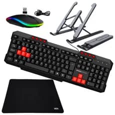 Teclado multimidia Com Fio + Mouse Sem Fio Recarregavel + Suporte para notebook tablet + MousePad