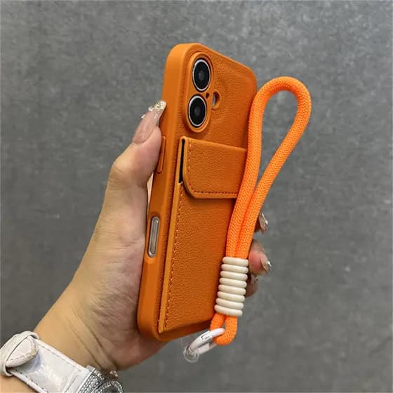 Bolsa De Cartão De Luxo Couro Textura Lichia Com Alça De Pulso Caso iPhone 15 14 13 16 Pro Max Plus 12 11 Carteira Sólid
