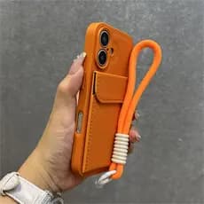Bolsa De Cartão De Luxo Couro Textura Lichia Com Alça De Pulso Caso iPhone 15 14 13 16 Pro Max Plus 12 11 Carteira Sólid