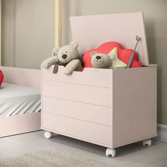 Baú Caixa de Brinquedos em MDF com Tampa Organizador Pés Rodízios Rodinha Toys