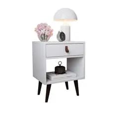 Mesa de Cabeceira para Quarto com ou sem Gaveta Puxador em Couro Pés Palito Retrô Prateleira Clean Ravenna Melissa